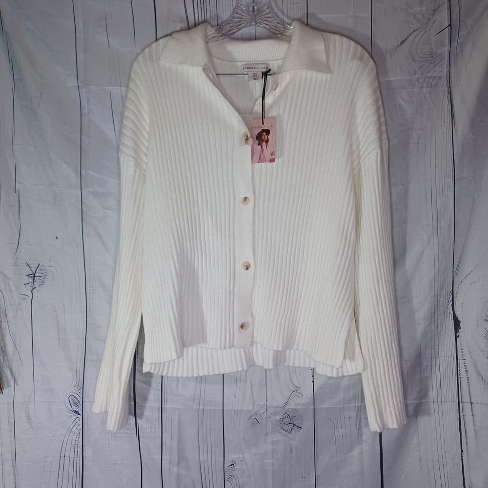 Sincerely Jules Off White Ribbed Knit Boho Cozy Chic Button Front Cardigan NWT